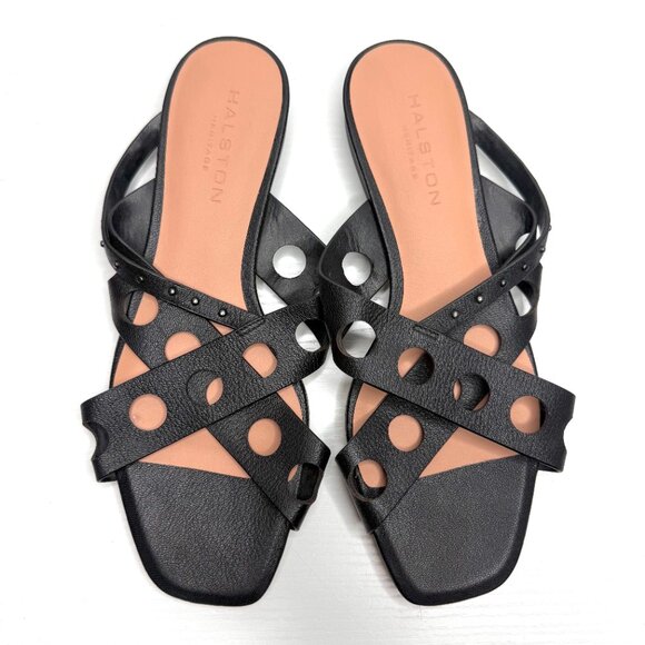 Halston Heritage Cutout Studded Criss Cross Leather Slide Sandals Flats Womens 6 - Picture 6 of 8
